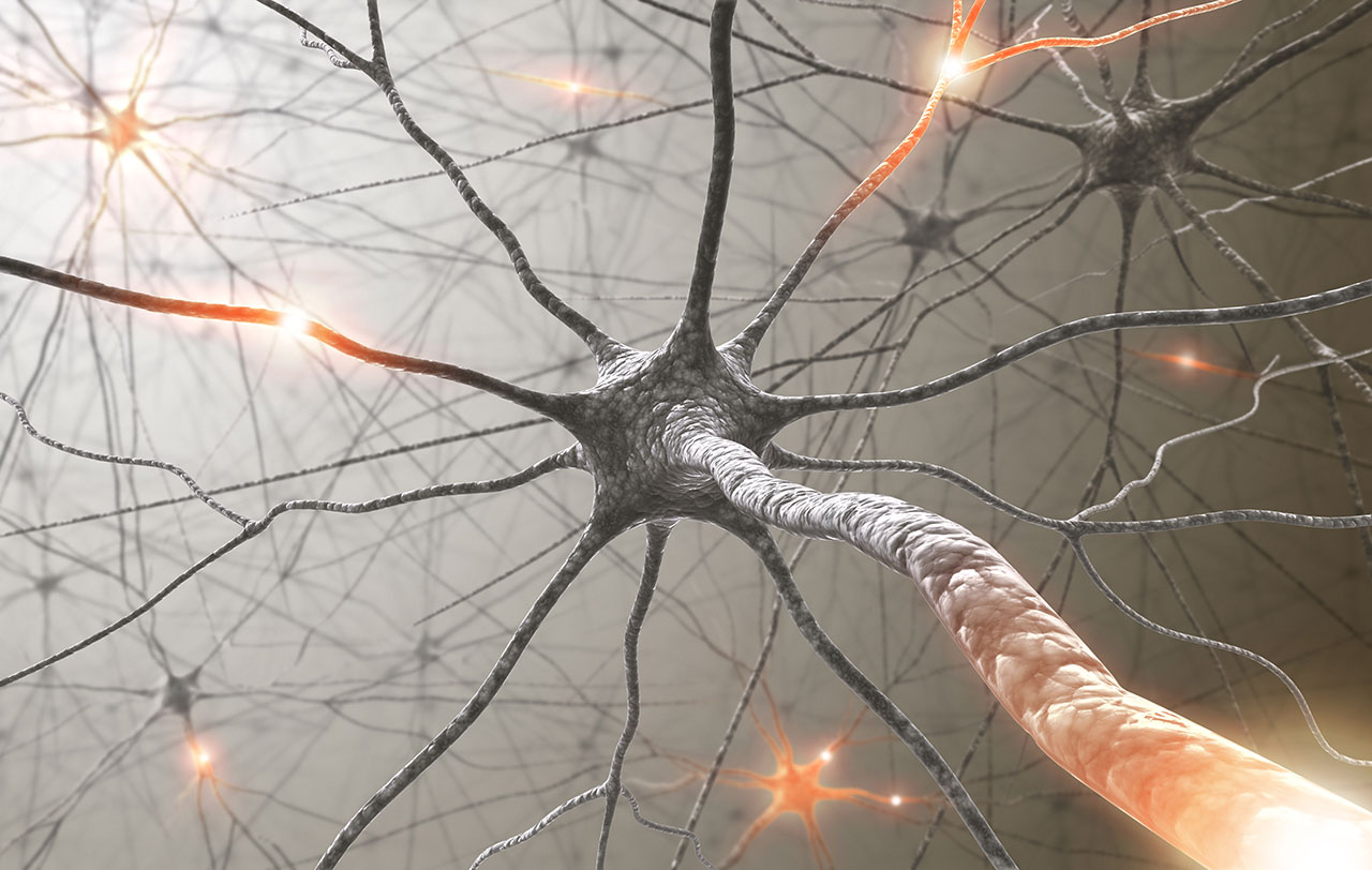 Close up illustration of neurons firing in the brain