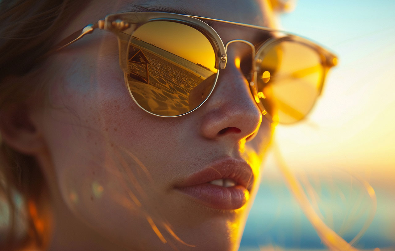 Zoomed in picture of a woman with sunglasses at sunset